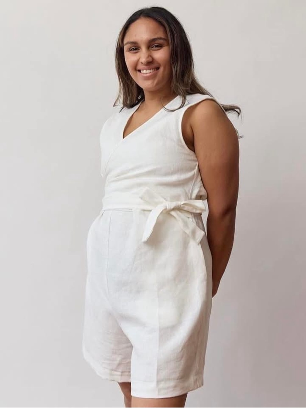 Free Label Sleeveless Off White Linen Wrap Anna Romper in Cloud